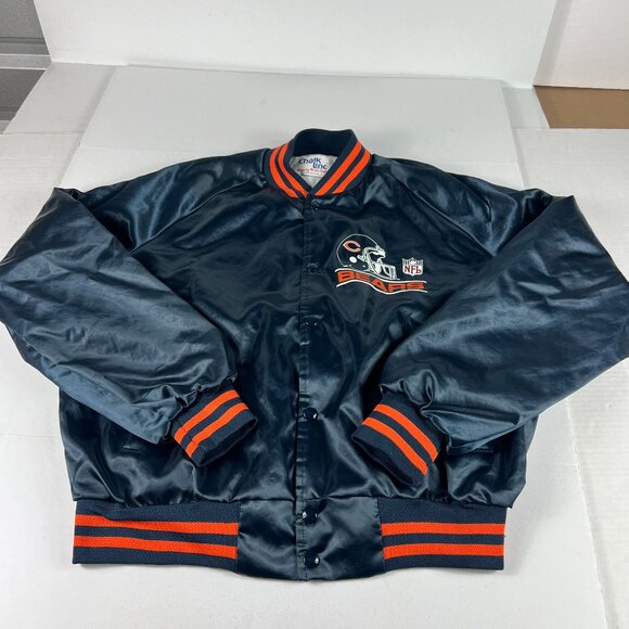 VTG 90s Chalk Line Chicago Bears Satin Jacket Large Blue Snap Button Bomber USA - Picture 1 of 13